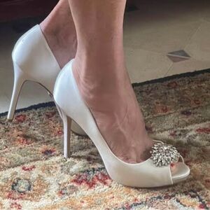 Badgley Mischka White Peep-Toe Heels with Jewel Detail